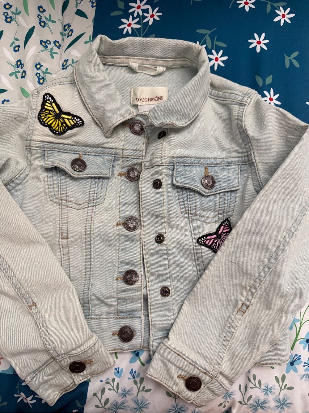 Toughskins Light Blue Denim Jacket with Yellow & Pink Butterfly Patches